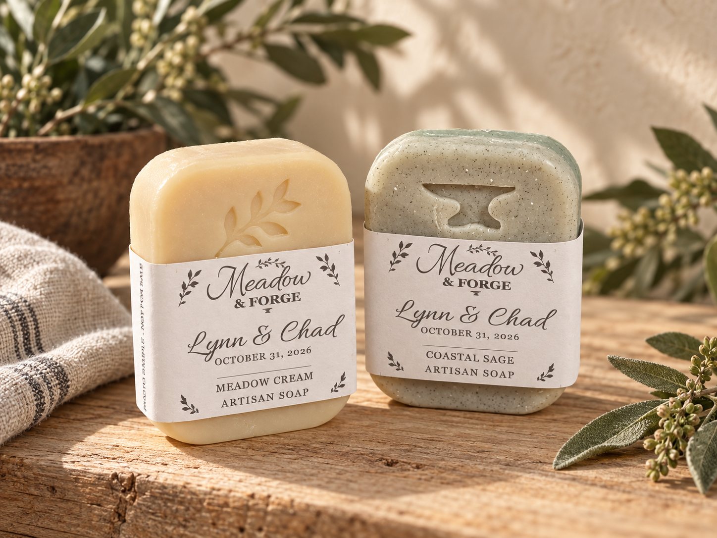 Meadow Cream and Coastal Sage bars on a weathered wood ledge with olive branches and soft daylight.
