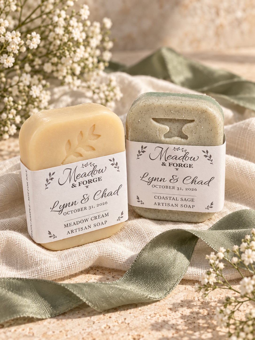 Meadow Cream and Coastal Sage favor bars in personalized white bands, resting on ivory linen with a sage silk ribbon and baby's breath.